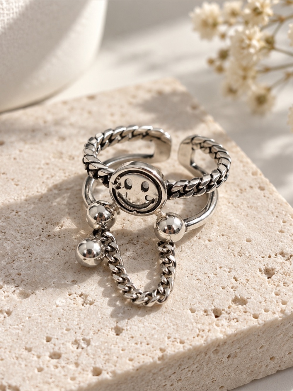 925 Sterling Silver Smiley Chain Ring Adjustable Y2K